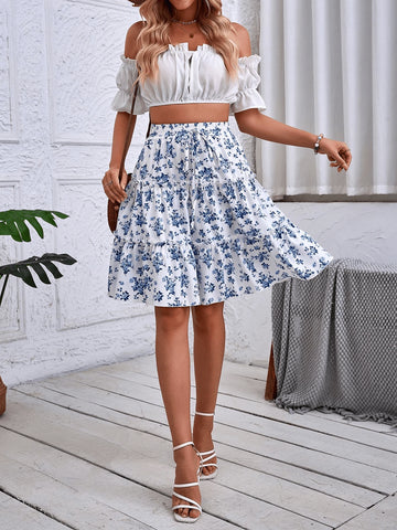 Women's Floral Print Ruffle Hem Elegant A-Line Skirt
