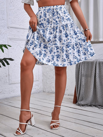 Women's Floral Print Ruffle Hem Elegant A-Line Skirt