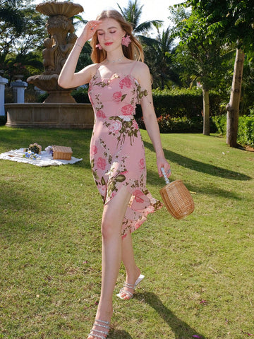 Women's Floral Print Ruffled Hem Spaghetti Strap Dress