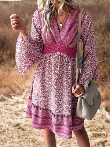 Women's Floral Print Shirred Waist Flared Sleeve Swing Dress