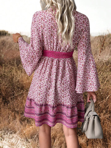 Women's Floral Print Shirred Waist Flared Sleeve Swing Dress