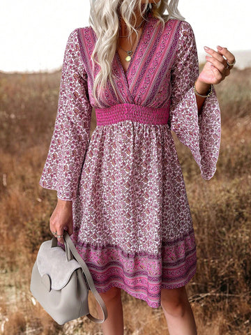 Women's Floral Print Shirred Waist Flared Sleeve Swing Dress