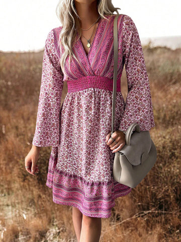 Women's Floral Print Shirred Waist Flared Sleeve Swing Dress