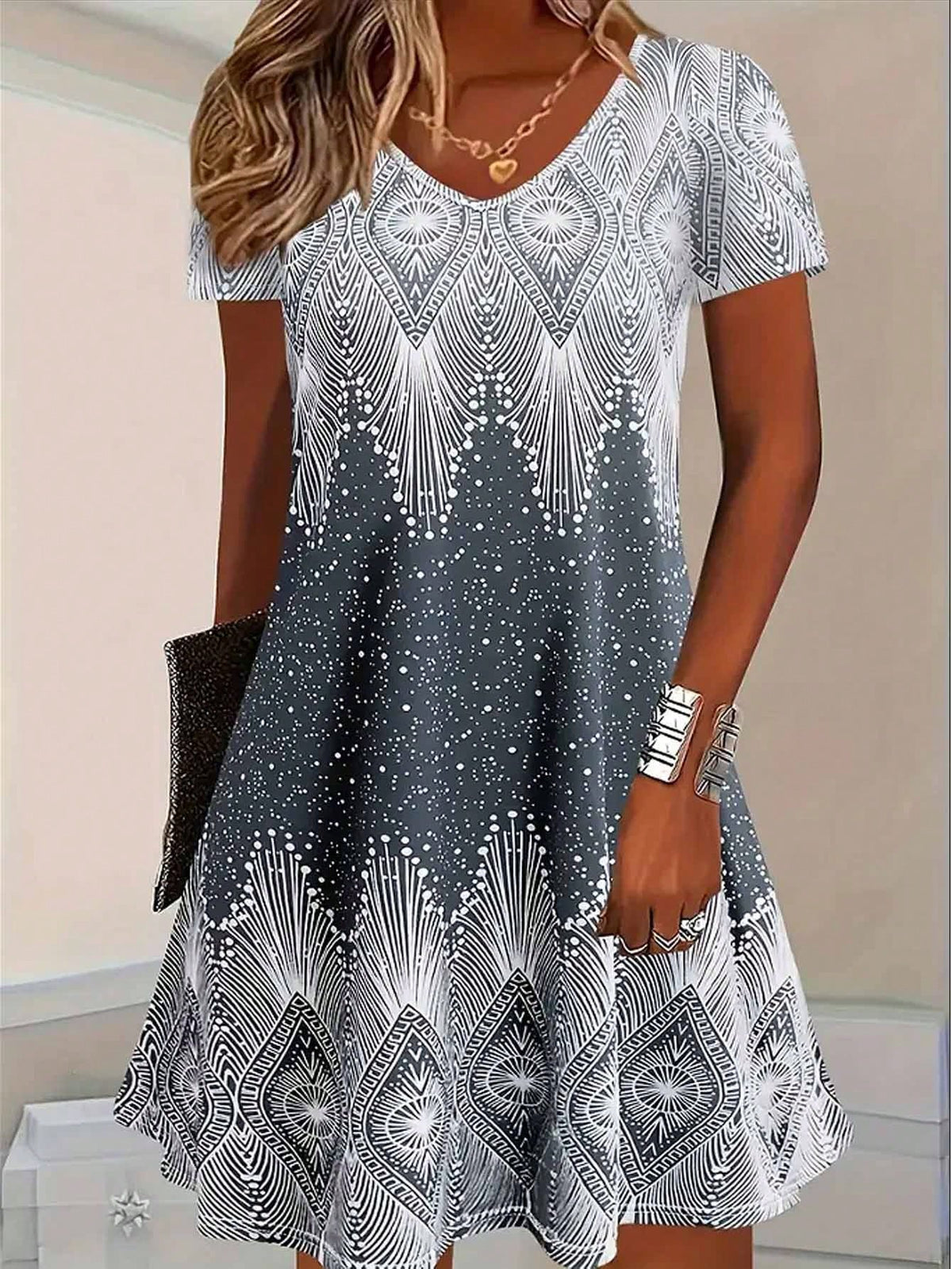 Women's Floral Print T-Shirt Dress, V-Neck Beach Cover Up, Boho Style, Summer