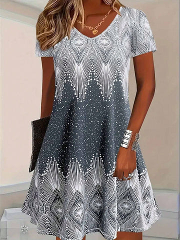 Women's Floral Print T-Shirt Dress, V-Neck Beach Cover Up, Boho Style, Summer