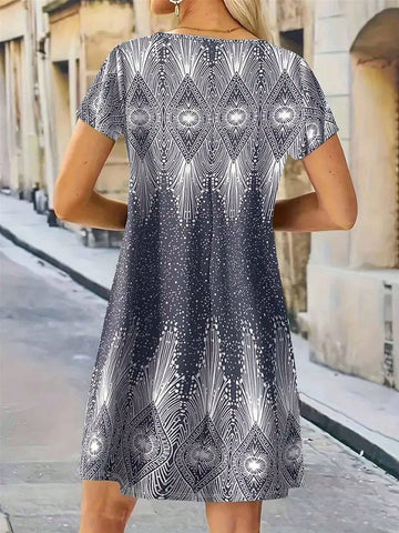 Women's Floral Print T-Shirt Dress, V-Neck Beach Cover Up, Boho Style, Summer
