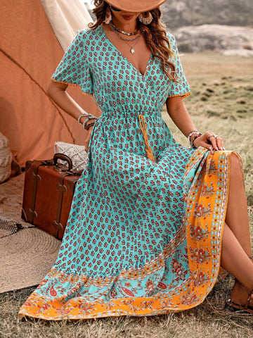 Women's Floral Print Waist-Tie Ruffled Short Sleeve Dress
