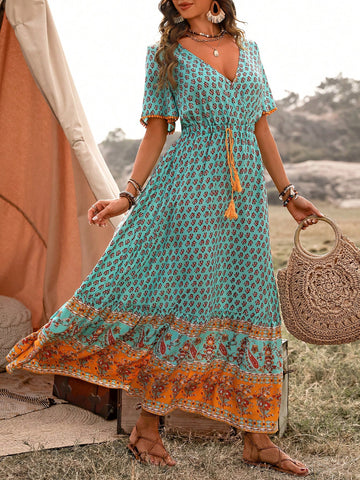 Women's Floral Print Waist-Tie Ruffled Short Sleeve Dress