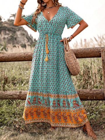 Women's Floral Print Waist-Tie Ruffled Short Sleeve Dress