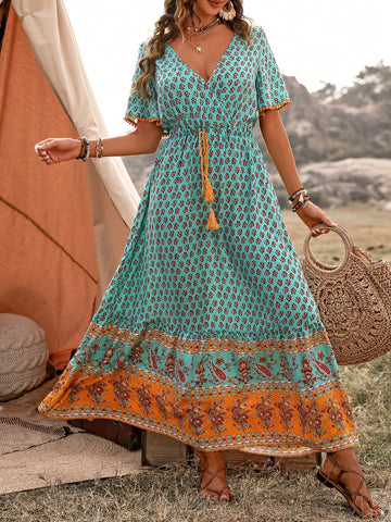 Women's Floral Print Waist-Tie Ruffled Short Sleeve Dress