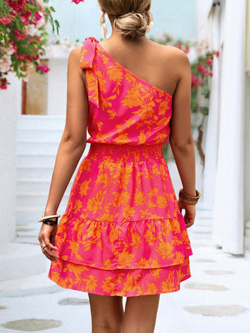 Women's Floral Print Waist Shirred One Shoulder Sleeveless Dress