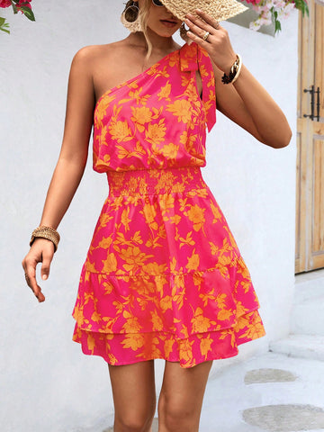 Women's Floral Print Waist Shirred One Shoulder Sleeveless Dress