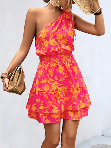 Women's Floral Print Waist Shirred One Shoulder Sleeveless Dress