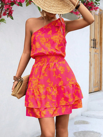 Women's Floral Print Waist Shirred One Shoulder Sleeveless Dress
