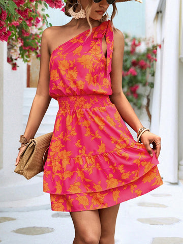 Women's Floral Print Waist Shirred One Shoulder Sleeveless Dress
