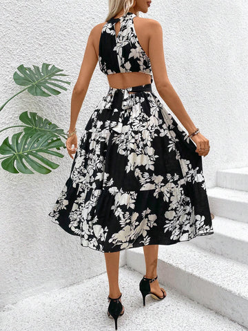 Women's Floral Printed Hollow Out Halter Neck Dress
