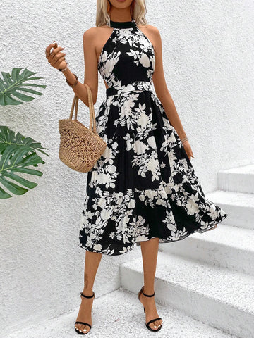Women's Floral Printed Hollow Out Halter Neck Dress