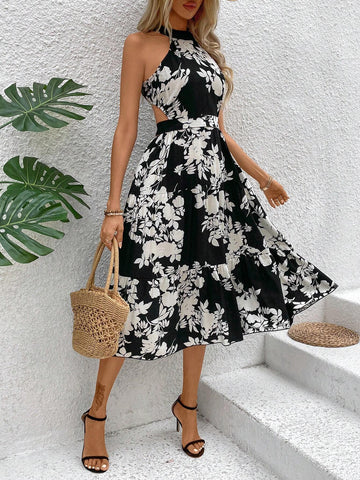 Women's Floral Printed Hollow Out Halter Neck Dress