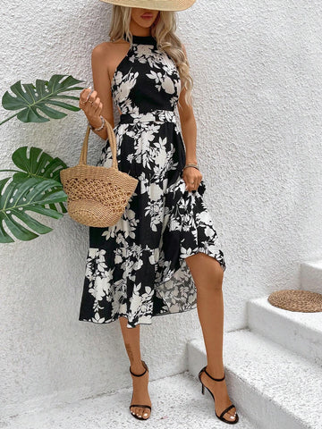 Women's Floral Printed Hollow Out Halter Neck Dress