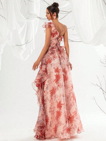 Women's Floral Printed Mesh Frill Trim Evening Dress With Long Hemline