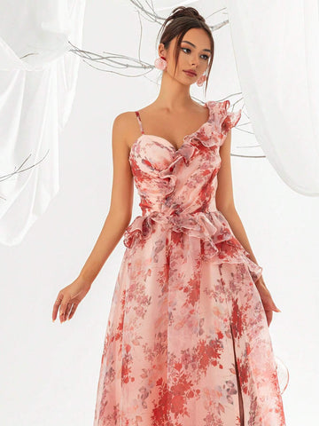 Women's Floral Printed Mesh Frill Trim Evening Dress With Long Hemline