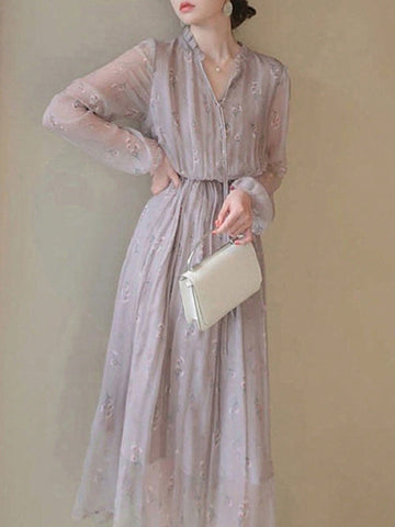 Women's Floral Printed Mesh Lantern Sleeve Gathered Waist Dress