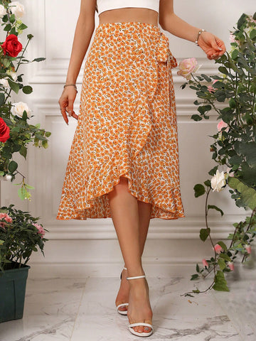 Women's Floral Printed Wrap Around Side Tie Skirt