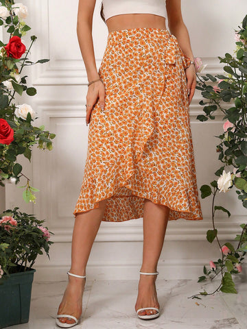 Women's Floral Printed Wrap Around Side Tie Skirt
