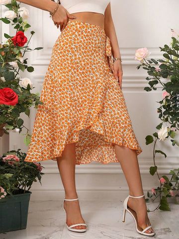 Women's Floral Printed Wrap Around Side Tie Skirt