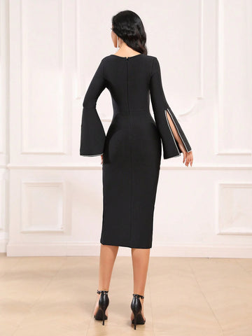 Women's Formal Dress, Hand-Decorated With Rhinestone Chain, Flared Sleeves, One-Shoulder, Elegant Banquet, Sexy Bandage Dress