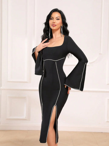 Women's Formal Dress, Hand-Decorated With Rhinestone Chain, Flared Sleeves, One-Shoulder, Elegant Banquet, Sexy Bandage Dress