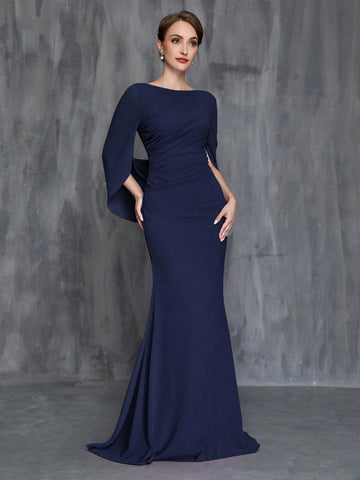 Women's Formal Mermaid Dress With Front Pleat And Back Train For Bride's Mother