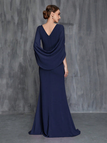 Women's Formal Mermaid Dress With Front Pleat And Back Train For Bride's Mother