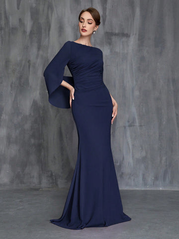 Women's Formal Mermaid Dress With Front Pleat And Back Train For Bride's Mother