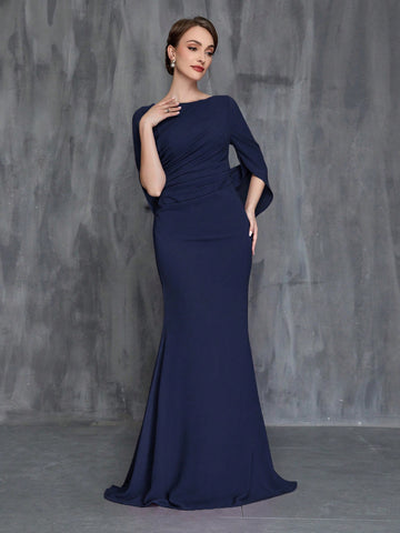 Women's Formal Mermaid Dress With Front Pleat And Back Train For Bride's Mother
