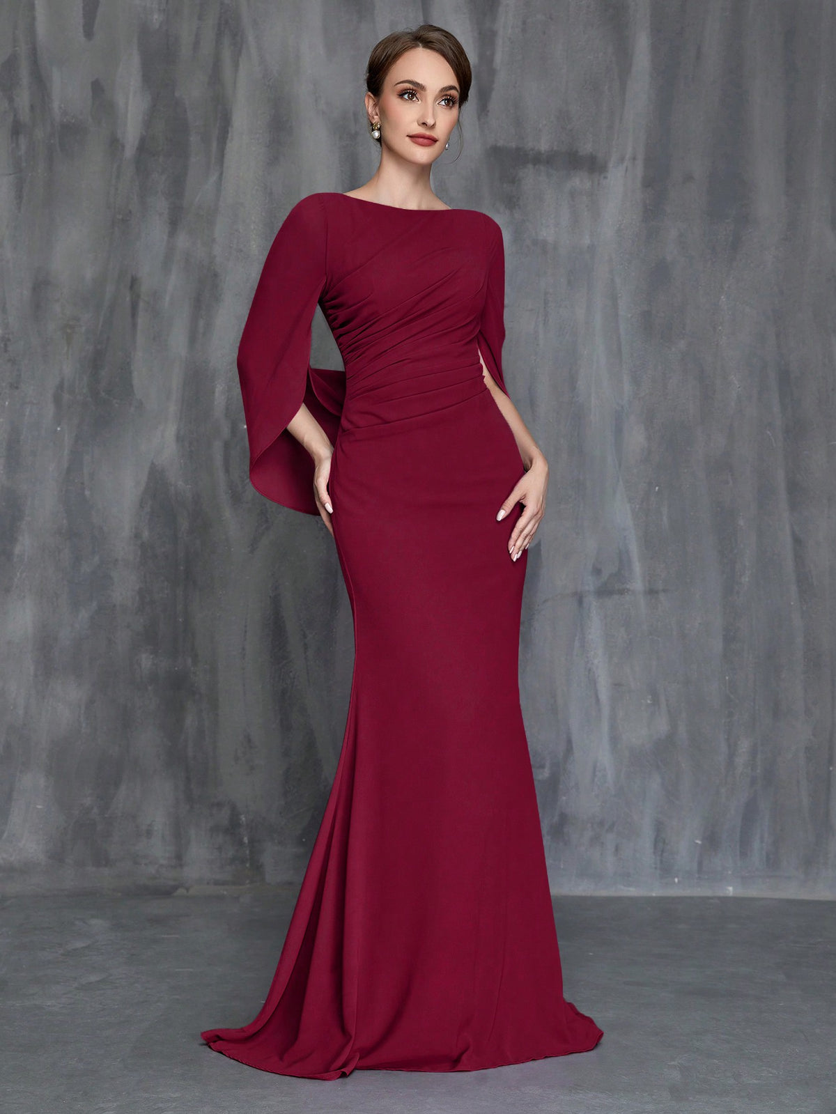 Women's Formal Wine Red Fishtail Dress With Front Pleats And Back Drape Detail