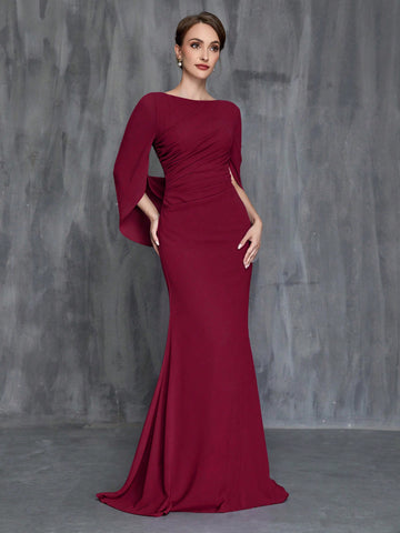 Women's Formal Wine Red Fishtail Dress With Front Pleats And Back Drape Detail