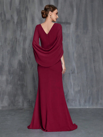 Women's Formal Wine Red Fishtail Dress With Front Pleats And Back Drape Detail