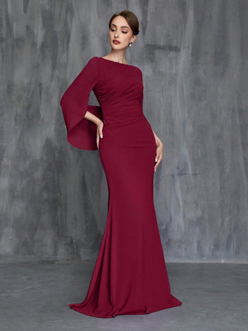 Women's Formal Wine Red Fishtail Dress With Front Pleats And Back Drape Detail