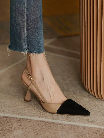 Women's French Style Niche Bow Flat Sandals, Summer New Pointed Toe Buckled Color Block Thin High Heel Pumps,