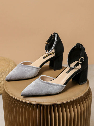 Women's French Style Velvet Fashion Silver & Black Contrast Color Crystal Embellished