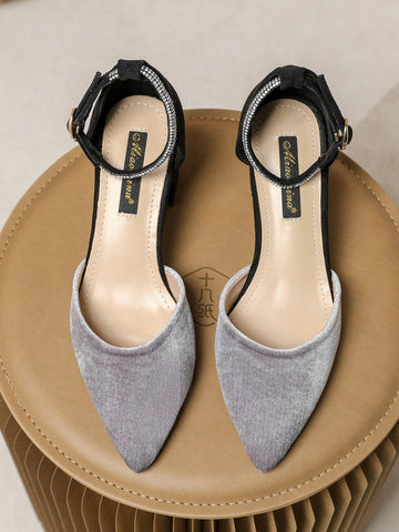 Women's French Style Velvet Fashion Silver & Black Contrast Color Crystal Embellished