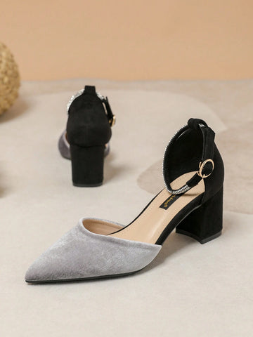 Women's French Style Velvet Fashion Silver & Black Contrast Color Crystal Embellished