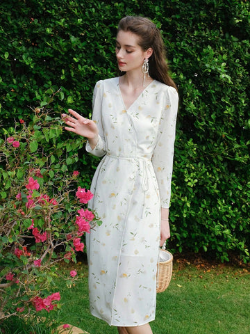 Women's French Style Vintage Long Sleeve Dress With Botanical Print