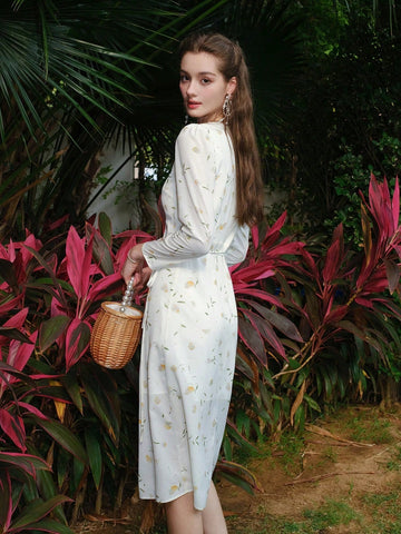 Women's French Style Vintage Long Sleeve Dress With Botanical Print