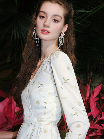 Women's French Style Vintage Long Sleeve Dress With Botanical Print