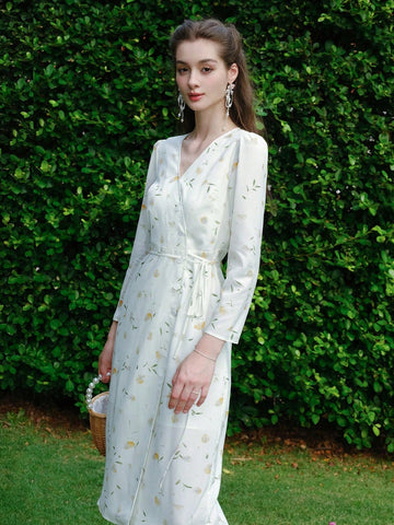 Women's French Style Vintage Long Sleeve Dress With Botanical Print