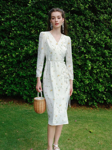 Women's French Style Vintage Long Sleeve Dress With Botanical Print