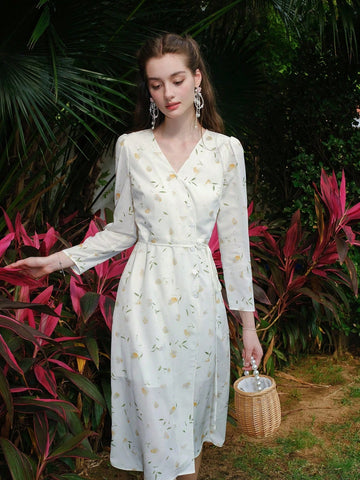 Women's French Style Vintage Long Sleeve Dress With Botanical Print