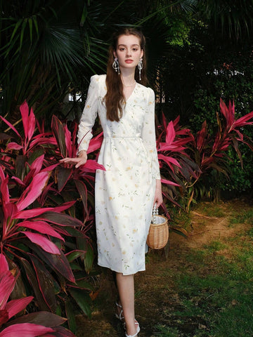 Women's French Style Vintage Long Sleeve Dress With Botanical Print